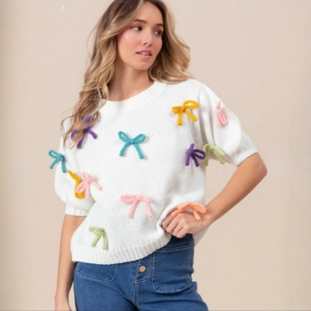 BiBi Bow Detail Puff Sleeve Sweater. Sz Medium, NWTs - Picture 3 of 14